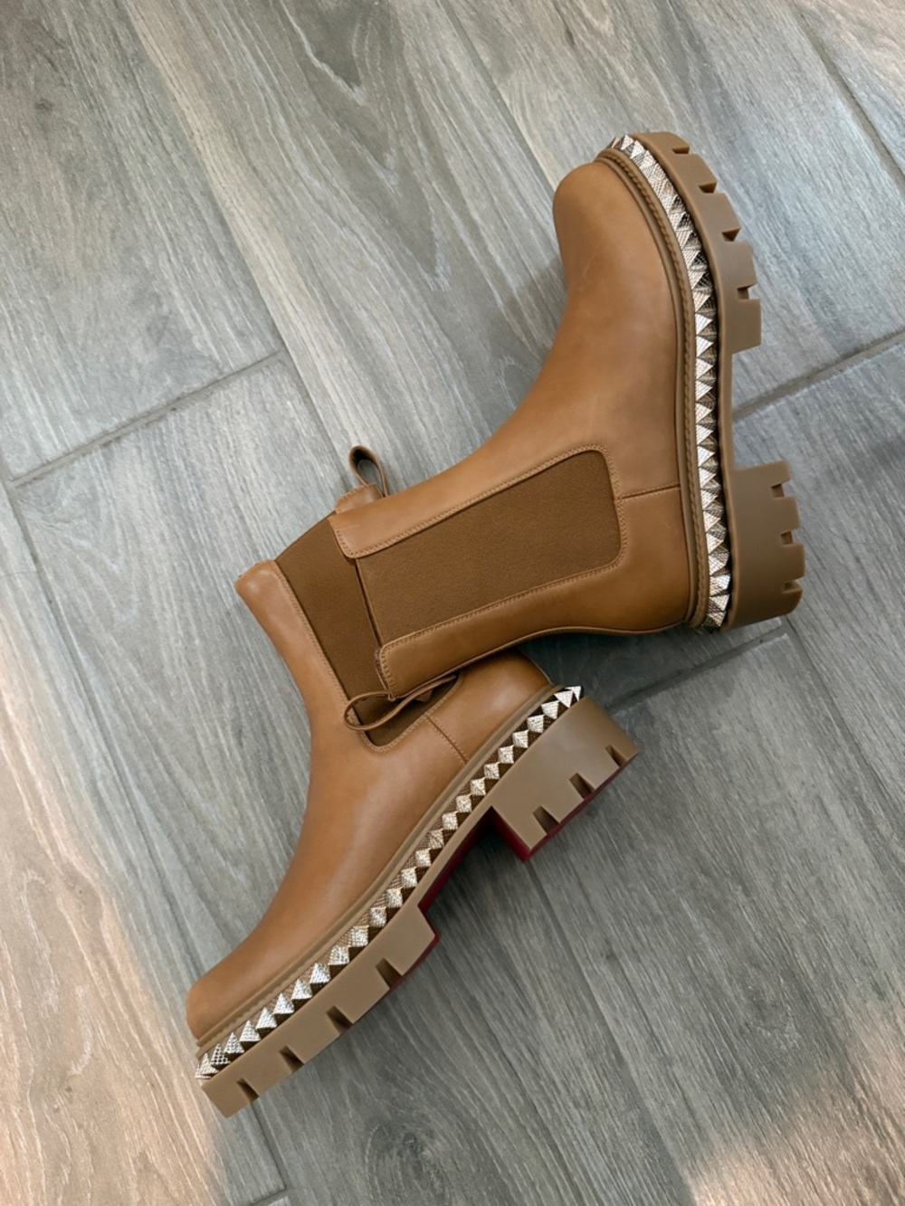 Christian Louboutin Tan Leather Platform Chelsea Booties with Studded Trim - Picture 7 of 7